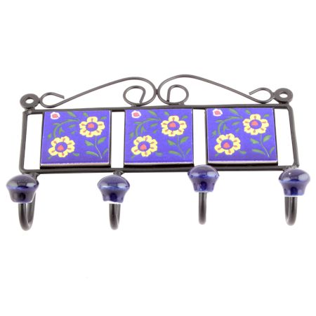 Navy Blue Yellow Flower Tiles Hooks